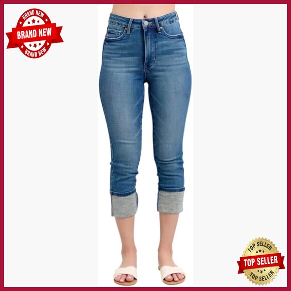 Skinny Cuffed Capris High Rise Cotton Jeans 23-27 Inseam